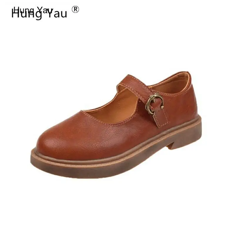 Hung Yau Soft Leather Women Oxfords British New Fashion Platform Flats Casual Buckle Strap Ladies Black Shoes Woman Plus Size 9 | Обувь