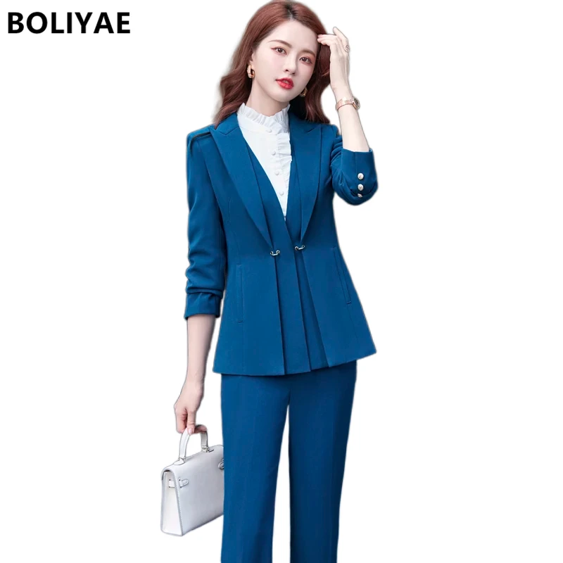 Boliyae Office Suit for Women's Trouser Suit Autumn Winter New Long Sleeve Elegant Blazers and Pants 2 Piece Stes Formal Jacket