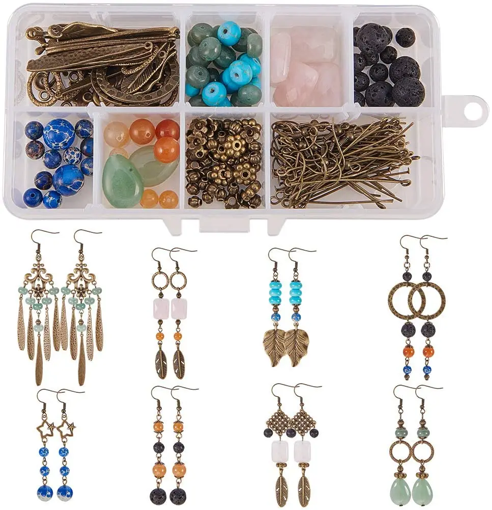 

1 Box DIY 8 Pairs Chandelier Gemstone Earrings Making Starter Kit Include Earring Connector Charm Findings, Gemstone Beads
