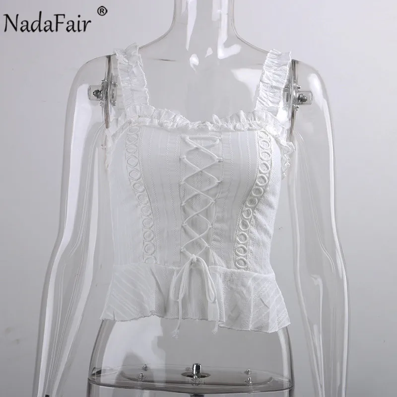 Женский кружевной топ Nadafair белый черный однотонный бандажный с оборками и