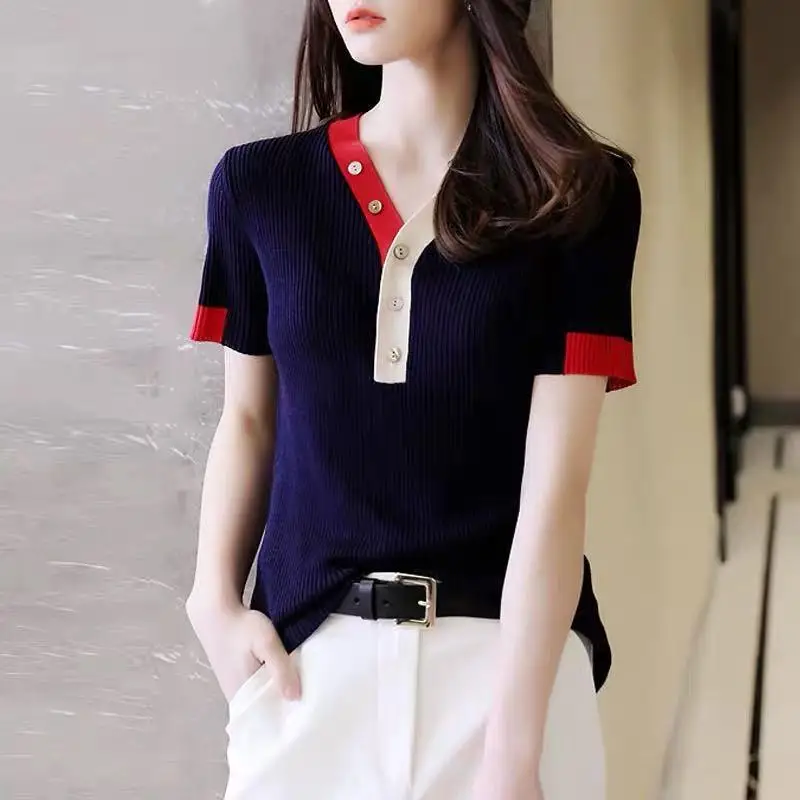 

Ice Silk T-shirt Women's Short Sleeve Summer Thin Color Contrast V-neck Elastic Stripe T-shirt