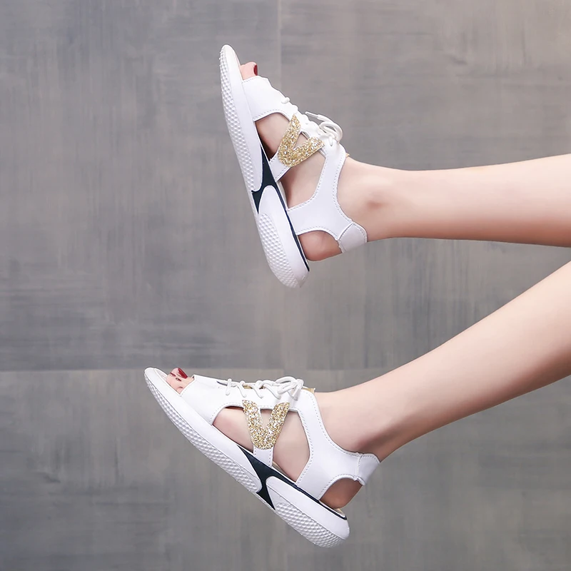 

Women Summer Flats Sequins Lace-Up Slip-on Ladies Sandals Comfortable Female Shoes Fashion Breathable Women's Sandals Large Size