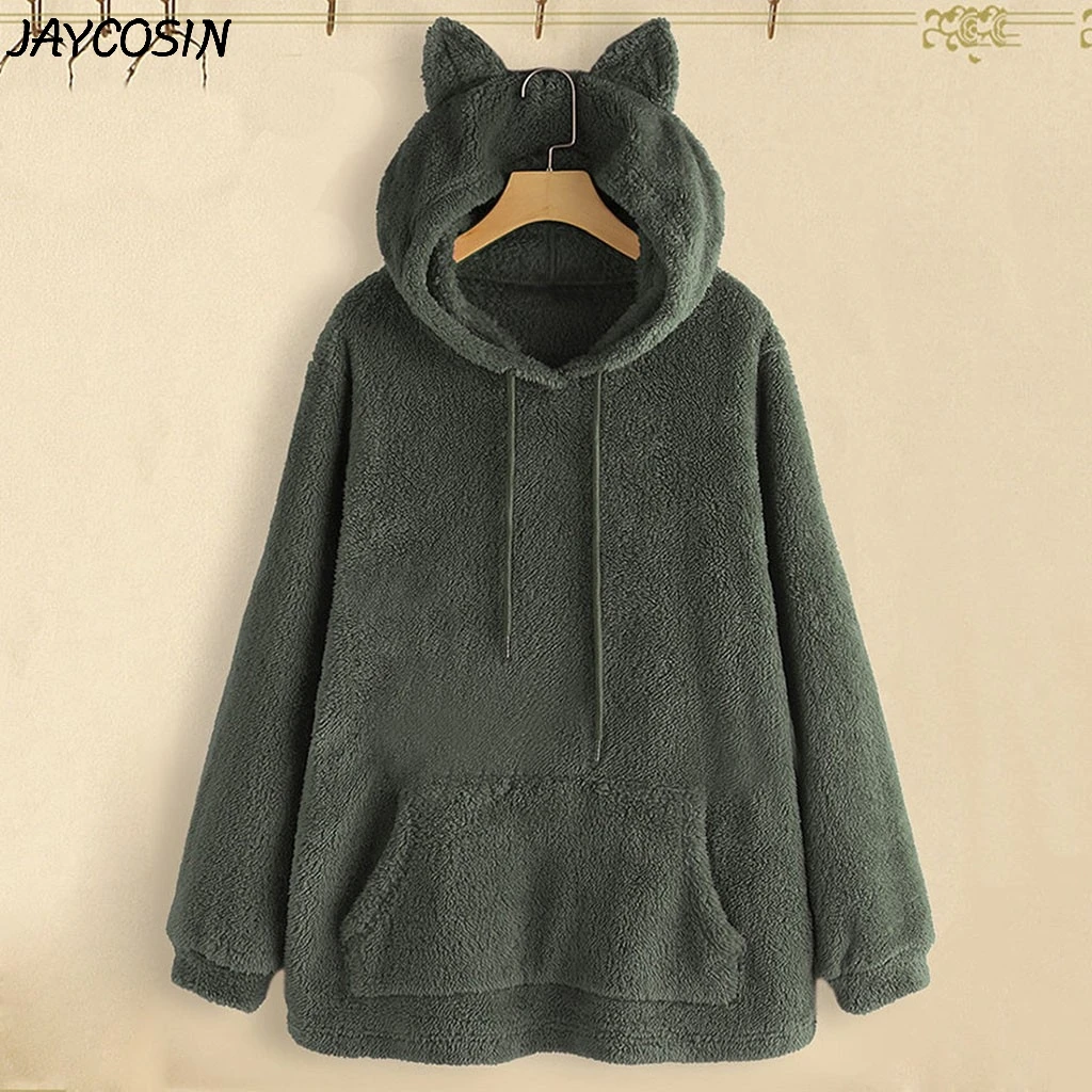 JAYCOSIN размера плюс Женская толстовка с милыми ушками однотонная фланелевая