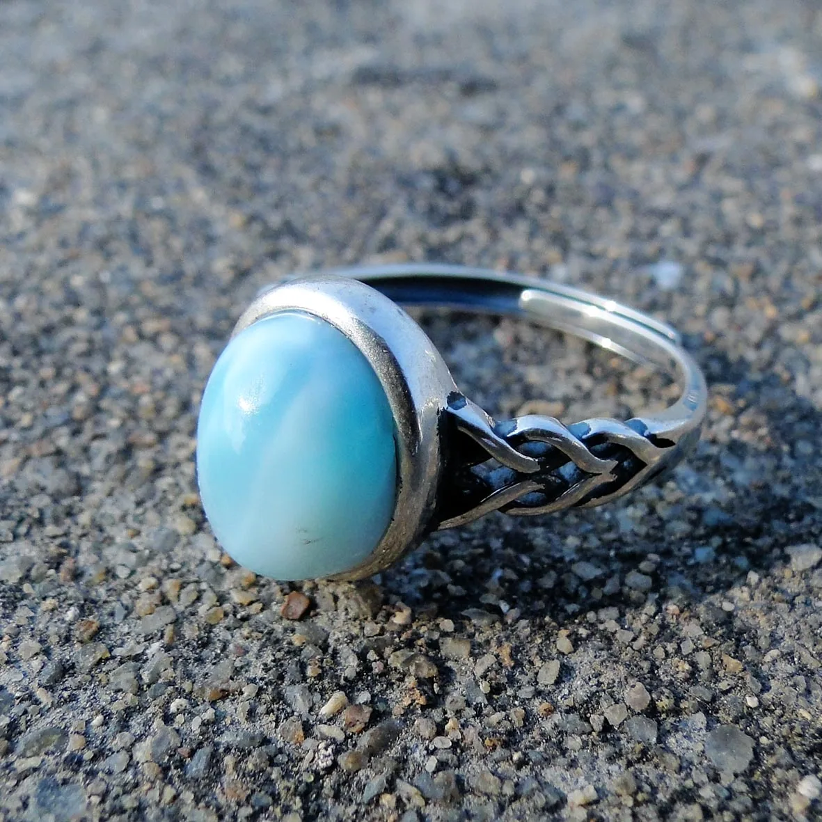 

Soild 925 Sterling Silver Twisted Blue Natural 8x10MM Larimar Rope Ring Silver Engagement Ring