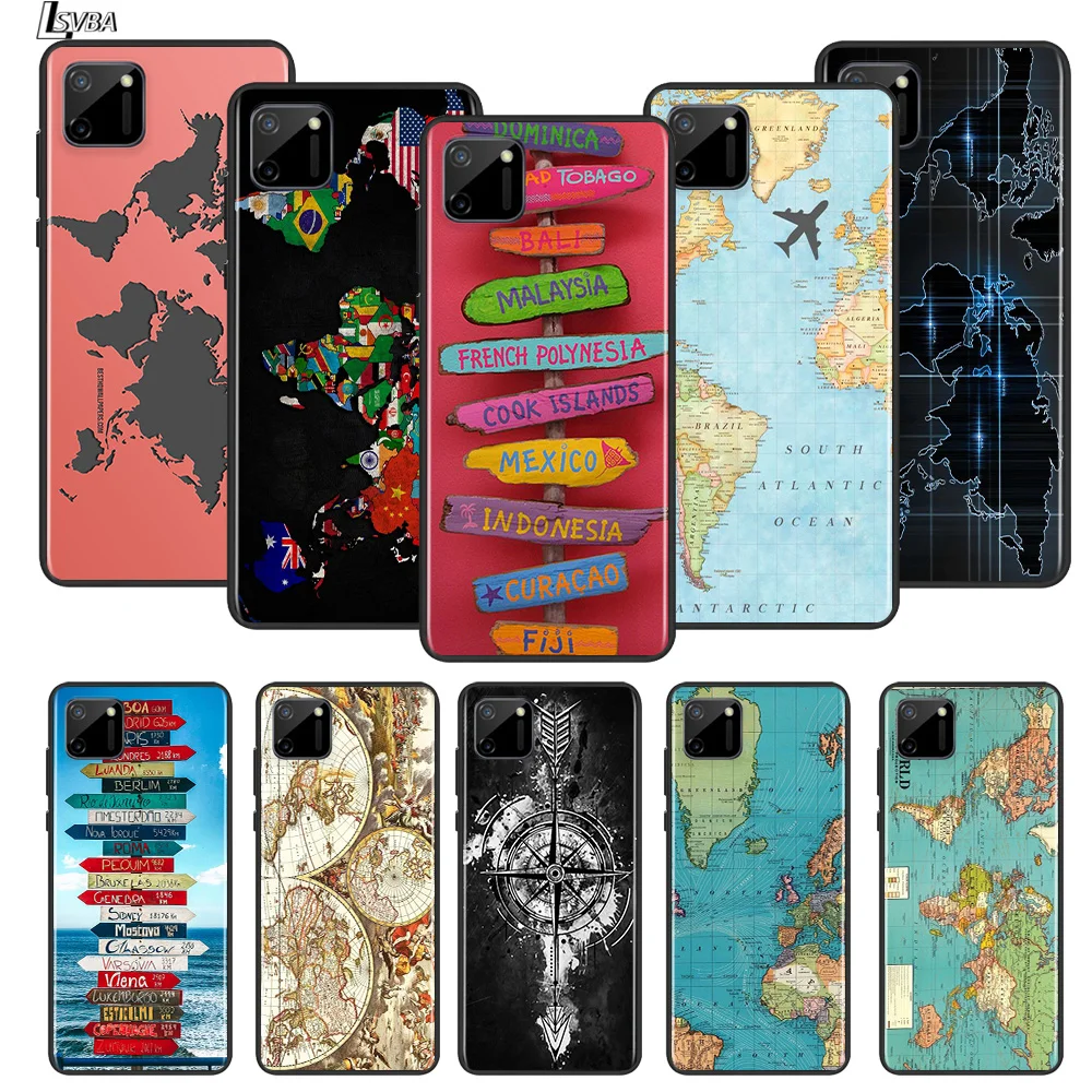 

World Travel Map For OPPO Realme Narzo 20 C2/3/11/12/15/17 X2 X3 X7 XT X50 Q2 Q2i V3 V5 V15 Pro Black TPU Phone Case