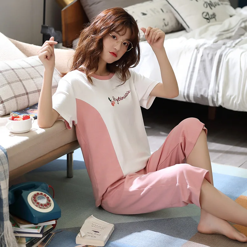 

New Pajamas Women Cotton Short Sleeve Summer Leisure Wear Fresh Leisurewear Suit Pajama Set Women Huispak Vrouwen Sleepwear