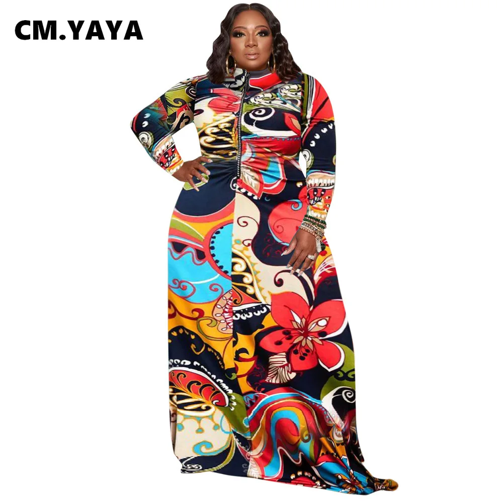 

Женское длинное платье на молнии CM.YAYA, свободное винтажное Повседневное платье макси большого размера с принтом, теплая осенняя одежда с кр...