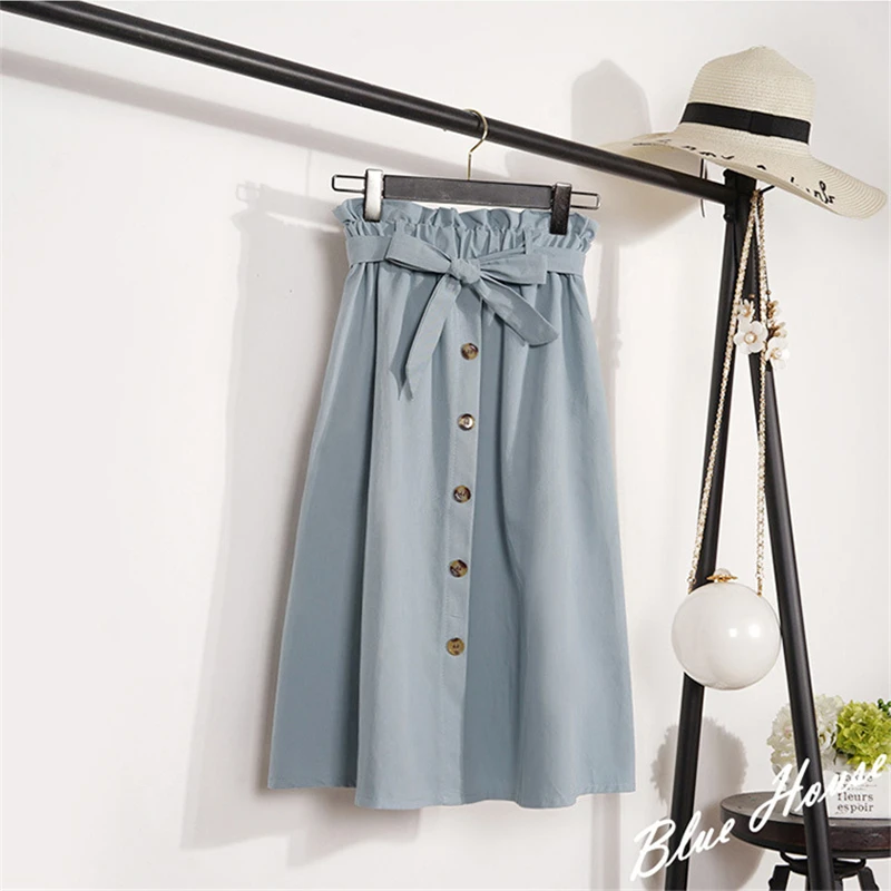 

Summer new style midi skirts female young women 6 color high waist A-line over-the-knee mid-length skirt with bow lace-up BSQ094