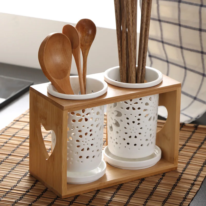Wood Ceramic Chopsticks Bucket Double Cylinder Storage Rack Tableware Box Kitchen | Дом и сад