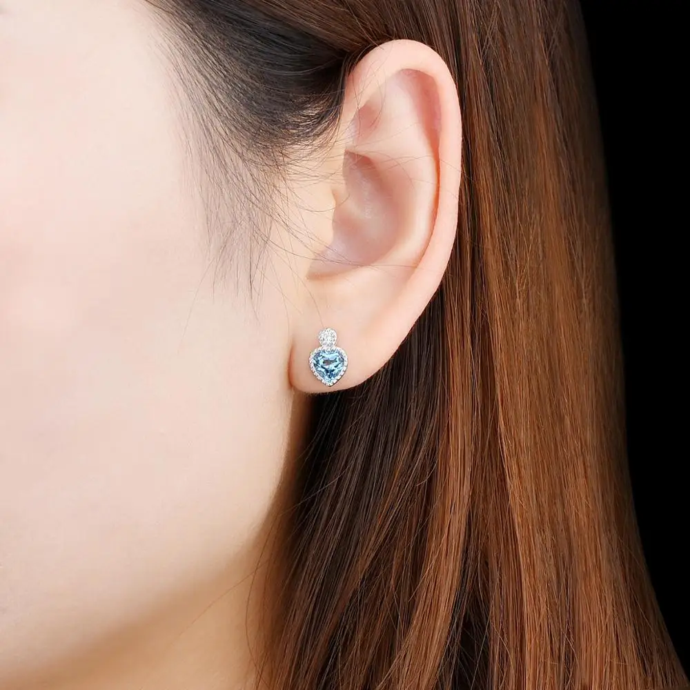 

Natural Blue Topaz Sterling Silver Stud Earring 2 Carats Heart Shape Romantic Lovely Earring Design S925 Jewelry Women Wedding