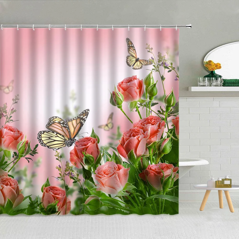 

Занавеска для душа с розовыми розами, бабочками, цветами, птицами, высокое качество, для ванной комнаты, декор с крючками, тканевые занавески