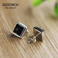 real solid 925 sterling silver square stud earrings for men with natural faceted black onyx stone simple punk jewelry