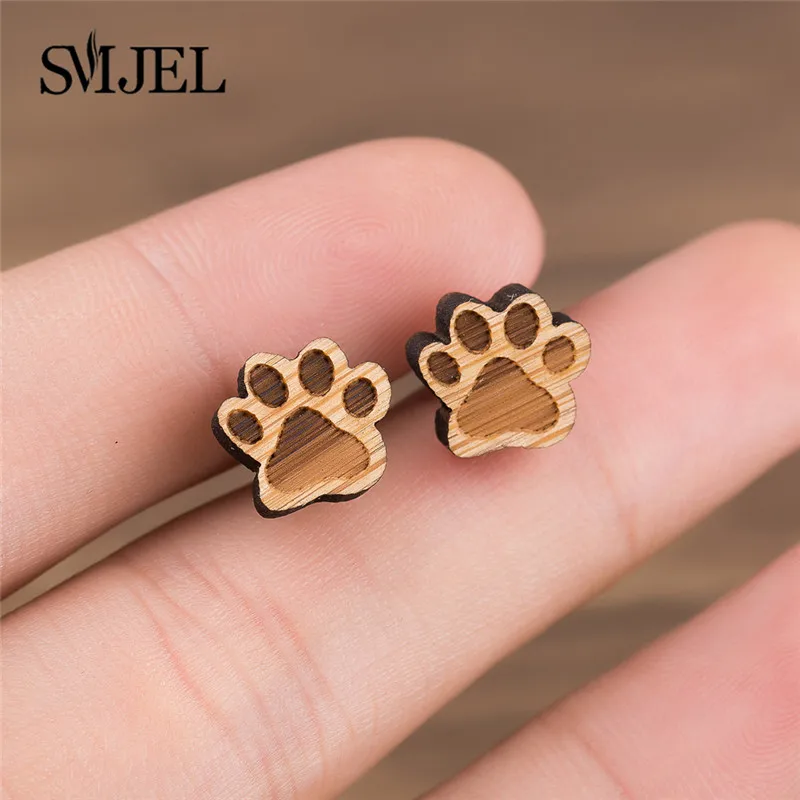 

SMJEL Bohemian Wood Earrings Women Cute Paw Footprint Stud Earrings Puzzle Compass Fox Earrings Piercing Jewelry Pendients Gift
