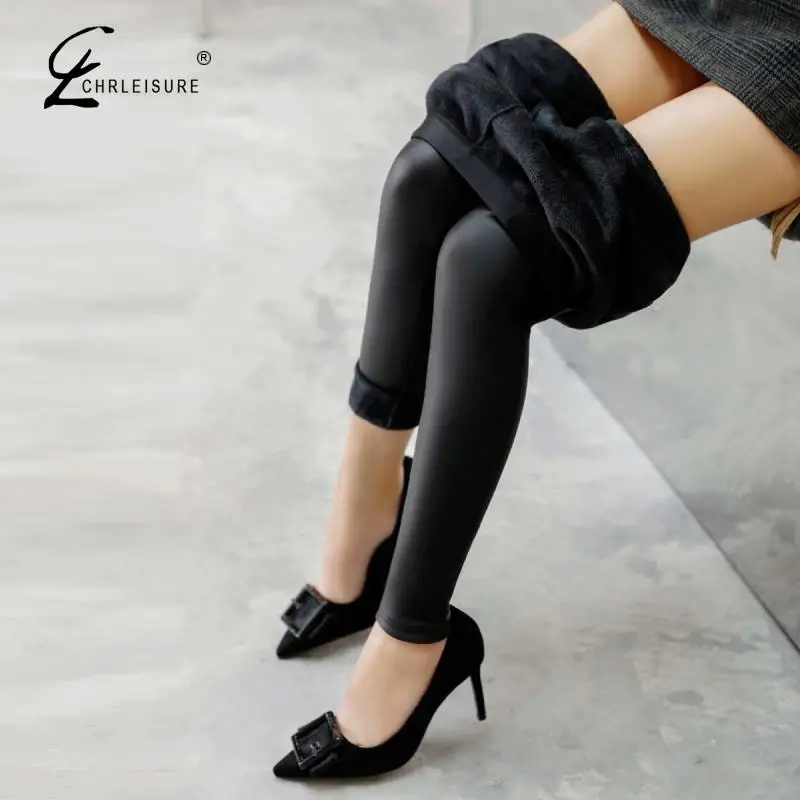 

Warm Thick Leather Leggings Women Black All-Match Cold-Resistant Leggins Mujer Velvet Winter Comfy Soft Legging