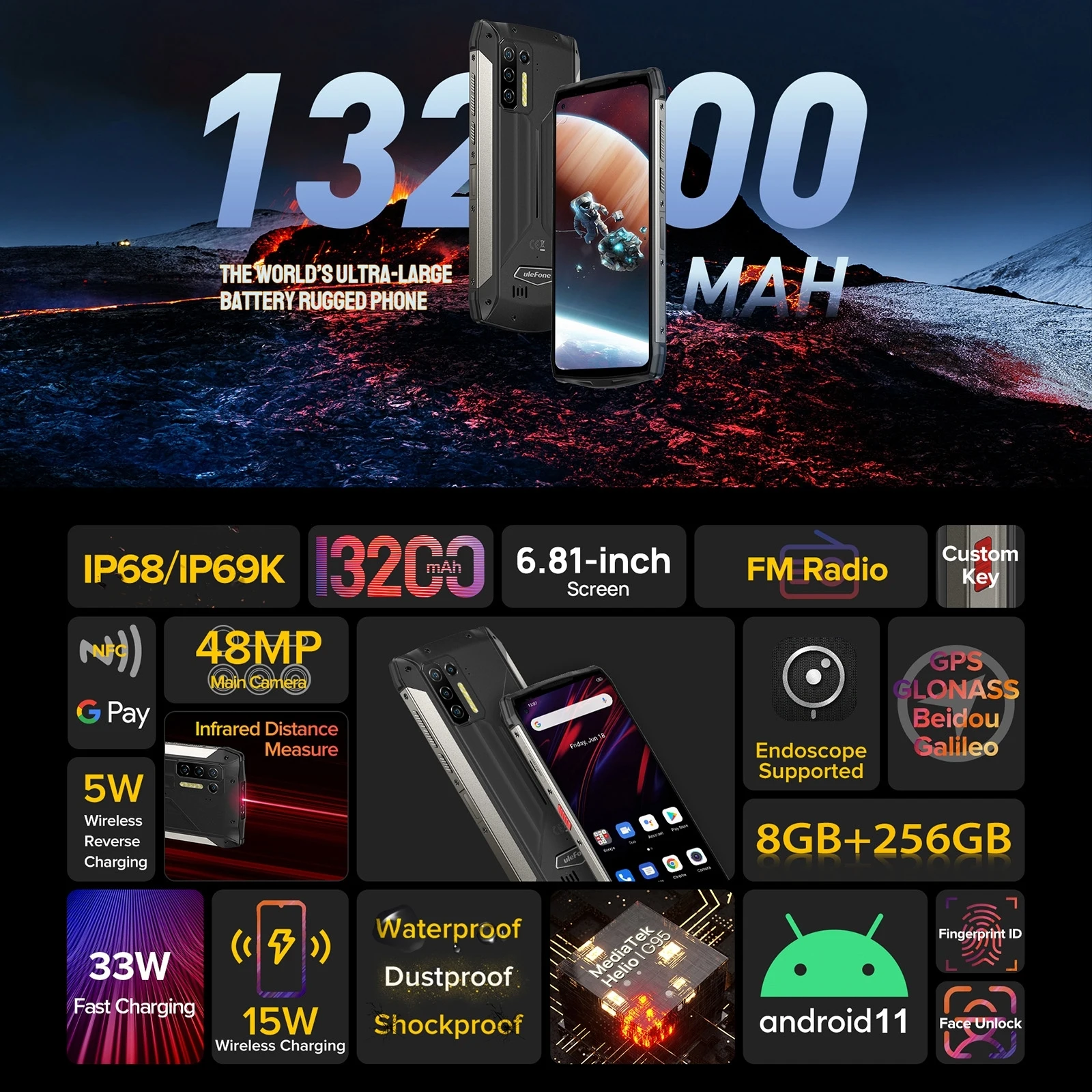 Ceny Osłona Ulefone 13 Wytrzymały Telefon Komórkowy Android 11 Helio G95 8GB + 256GB IP68 Wersja Globalna Smartphone 13200mAh Bateria 48MP Camera
