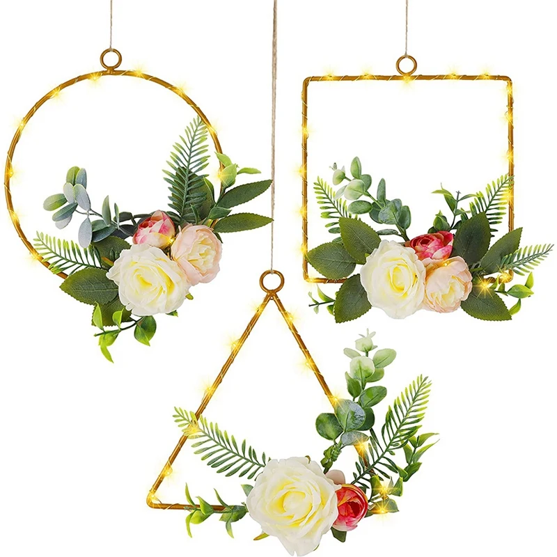 

Set of 3 Floral Hoop Wreath,Artificial Peony Flower Eucalyptus Wreath with Lights,for Wending Party/Living Room/Bathroom