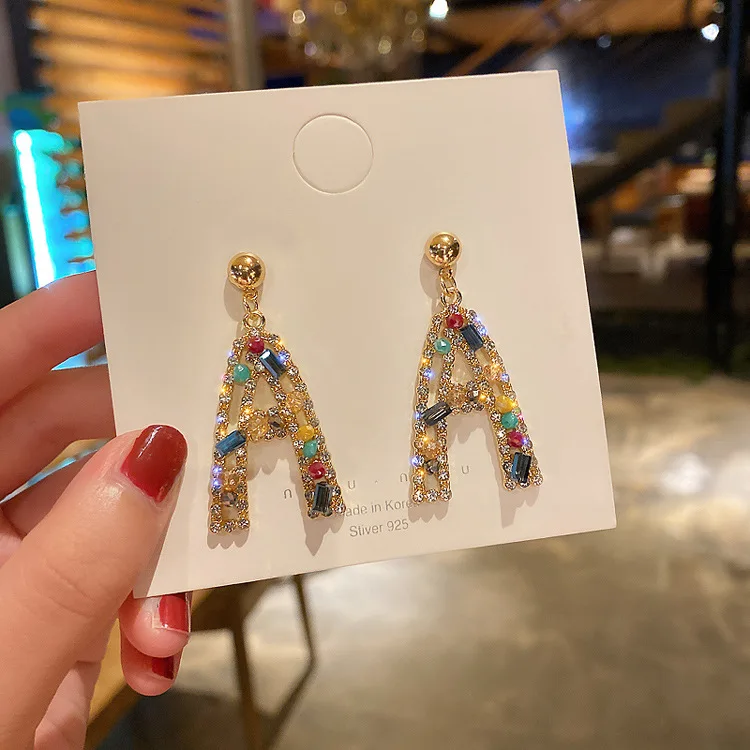 

925 silver needle seven color full diamond a Earrings letter Earrings cool wind Earrings net Red Fashion Earrings women