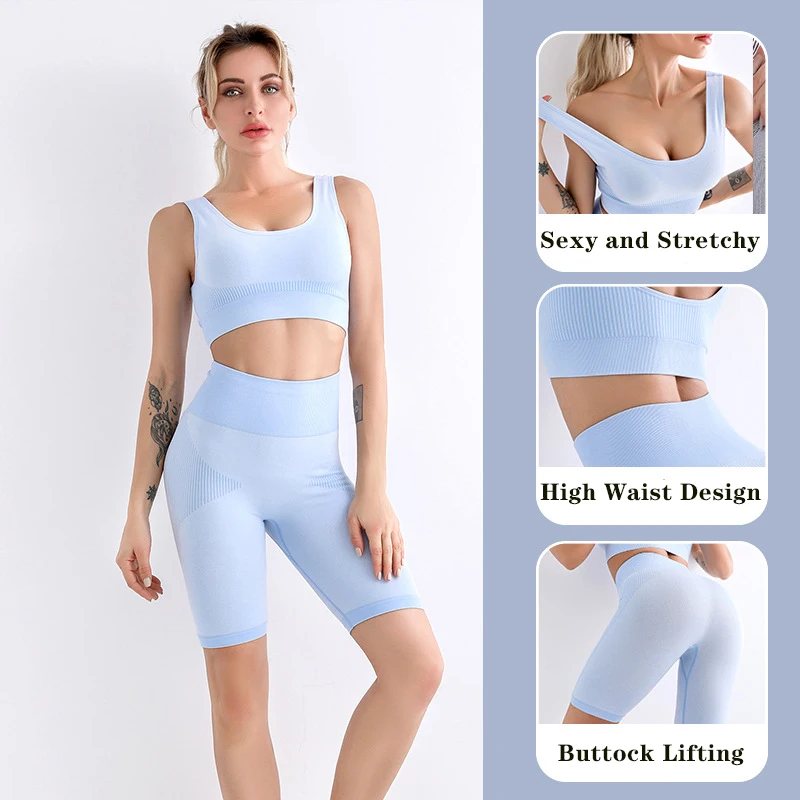 

2pcs Yoga Set Sports Bra Running Yoga Shorts Workout Clothes for Women Fitness Crop Tops Seamless Biker Shorts Gym Clothing Suit