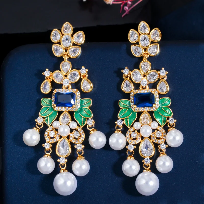 

GUCY Flowers Cubic Zircon Long Dangle Pearl Earrings for Women Bridal Earring Hip Hop Jewelry For Gift Party