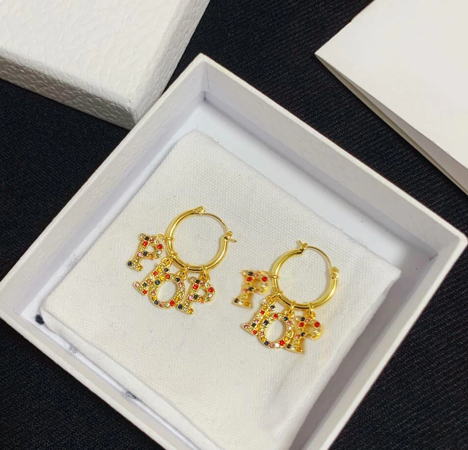 

Newest 2021 Luxury Letter Dangle Hoop Earrings Colorful Rihnestone Earring Eardrop For Women Party Wedding Lovers Gift Jewelry