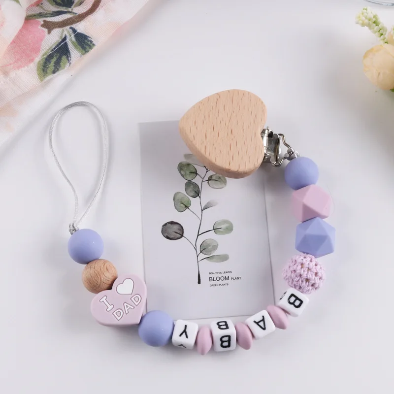 Cadena de chupete de madera de haya para beb&eacute;, clip de silicona personalizado, soporte para chupete, mordedor para beb&eacute; roedor-0