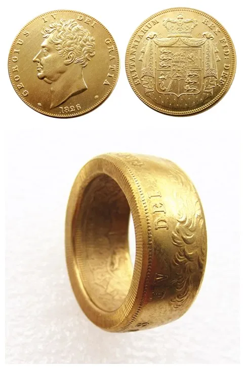 

Великобритания 5 фунтов 1826 'Голова' позолоченное кольцо ручной работы в размерах 8-16