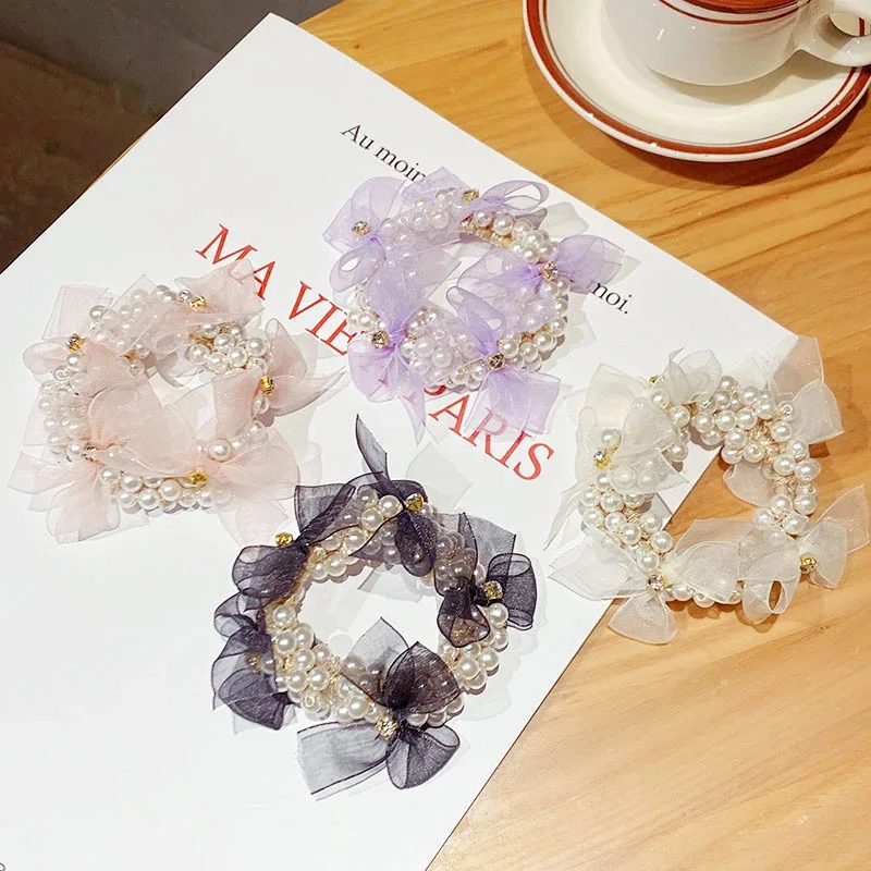 

New Women Elegant Chiffon Bow Rhinestone Pearls Scrunchie Sweet Elastic Hair Bands Headband Hair Tie Fashion Hair Accessories