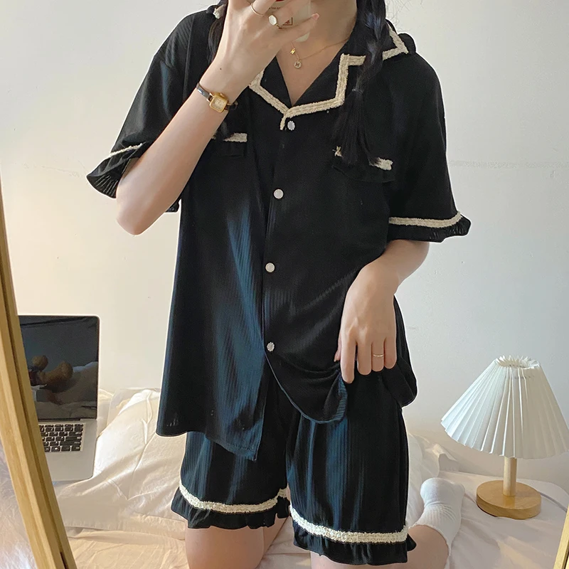 CAIYIER Summer Contracted Pure Color Turn-down Collar Pajamas Suit Sexy Lace Girl Sleepwear Short Sleeve Shorts Pink Loungewear