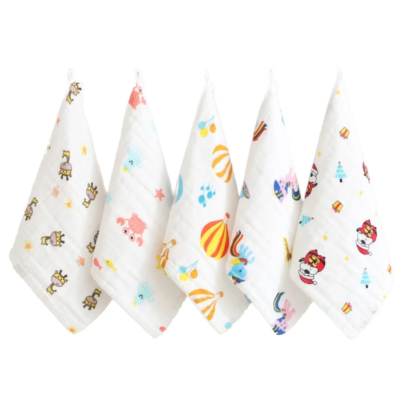 

5Pcs 6 Layers Muslin Cotton Baby Washcloth Cartoon Printed Newborn Face Towel Bibs Soft Absorbent Wipes Handkerchief