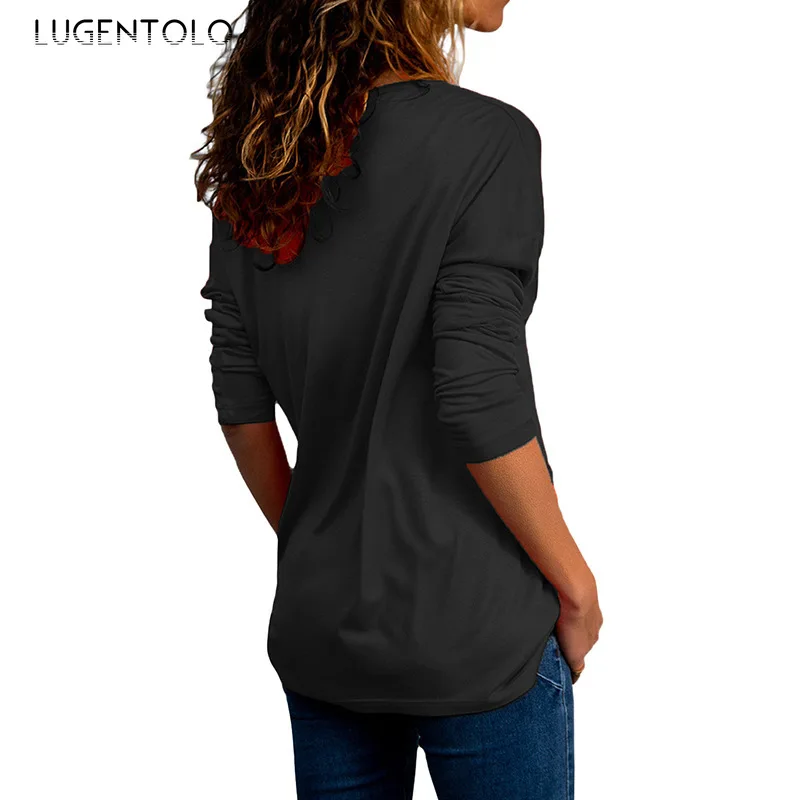 

Lugentolo Women's T-shirt Autumn Loose Long-Sleeve Street Solid Tops V-neck Pullover New Feamle Casual Simple Bottoming T-Shirts