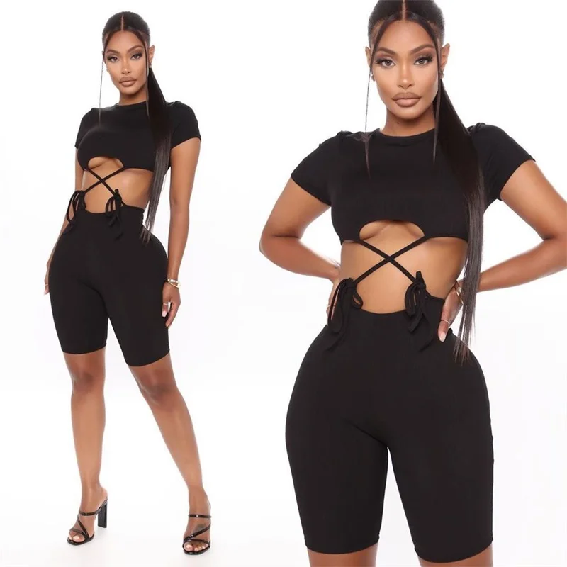 

Women Short Sleeve Solid Tracksuit Sexy Hollow Out Lace-Up Romper Sport Female Bandage Elastic Shorts Slim Suit