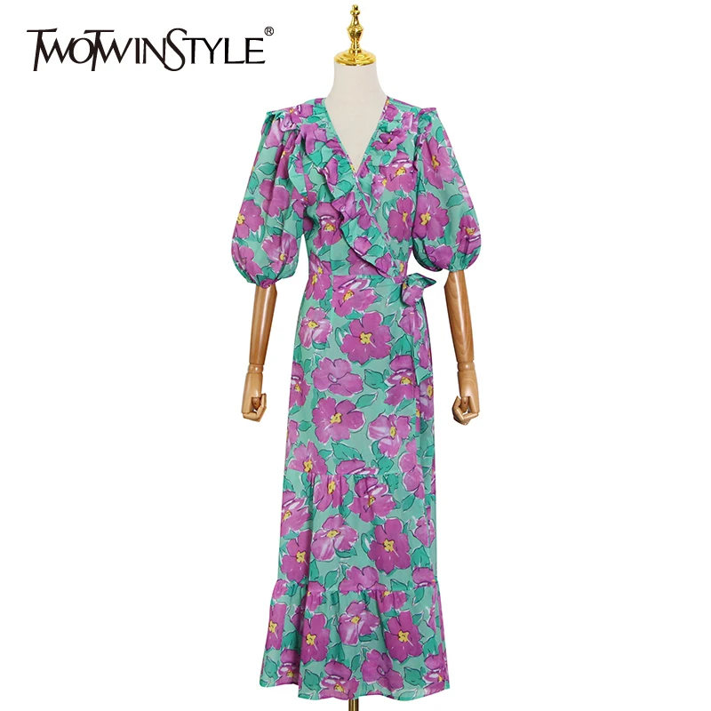 

Женское платье с цветочным принтом TWOTWIN, винтажное платье с V-образным вырезом и коротким рукавом, с высокой талией