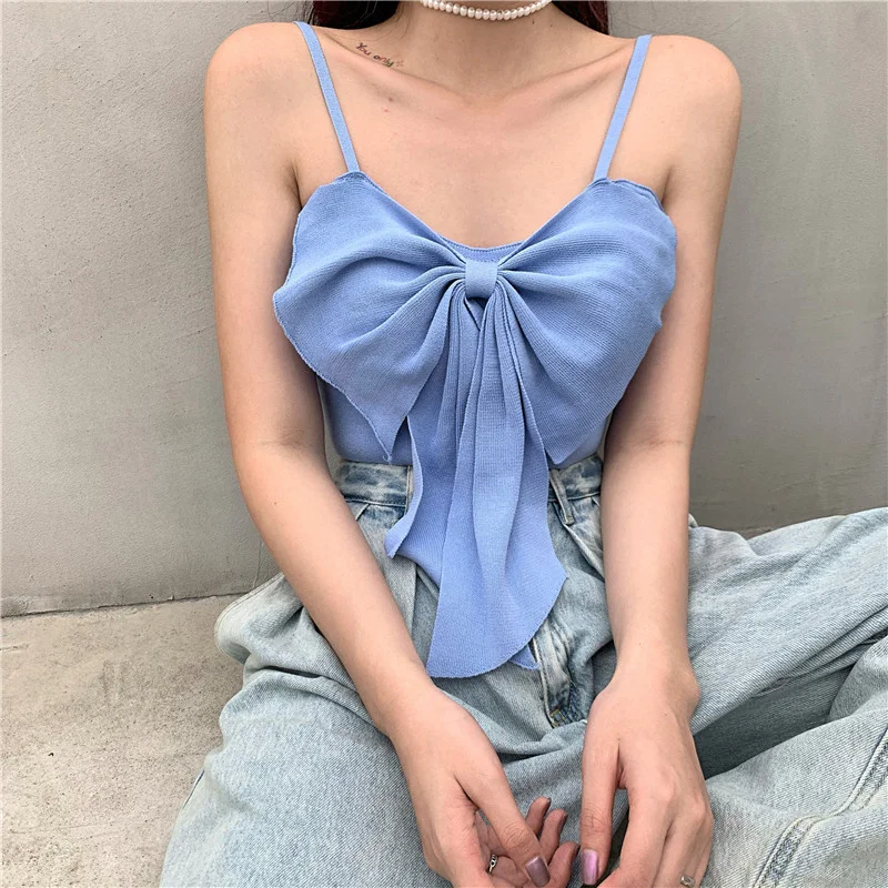 

Women's Solid Color Bowknot Irregular Top Sleeveless T-Shirt Knitted Slim Women's Sexy Sweet Chic Slim Basic Vest Streetwear