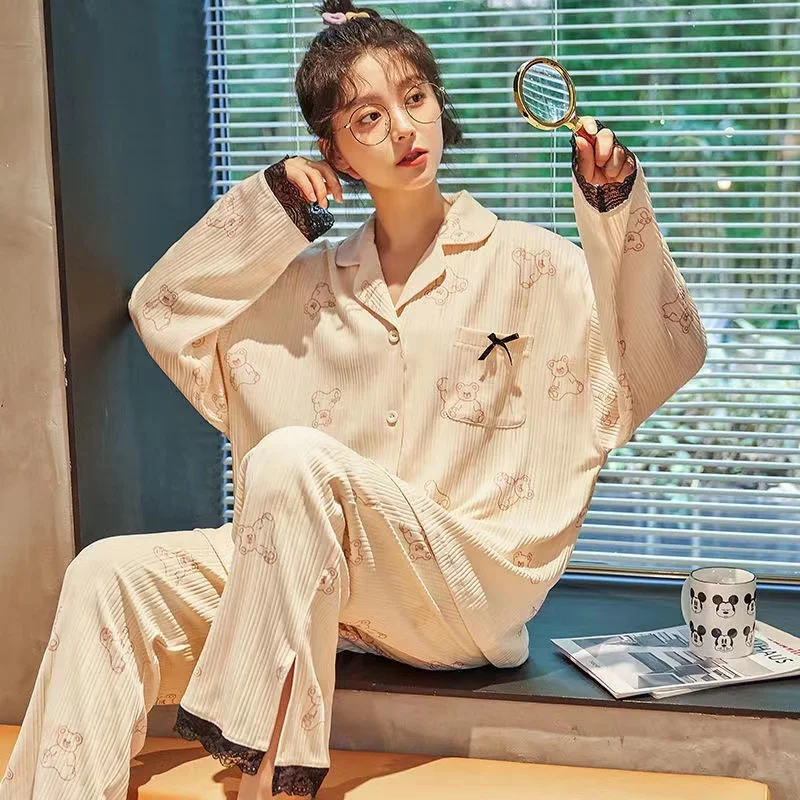 Spring Autumn Women's Pajamas Set 100% Cotton Sleepwear Long Sleeve Trousers Pyjamas Suits Female Sleep Lounge Pajama