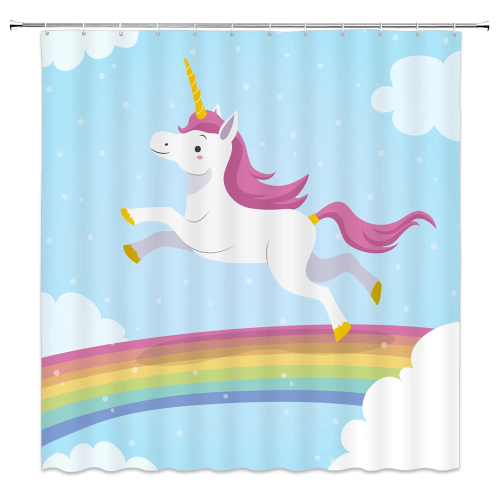 

Unicorn Rainbow Shower Curtain Cartoon Mythical Animal Child Bathroom Decor Waterproof Polyester Cloth Bath Curtains With Hooks