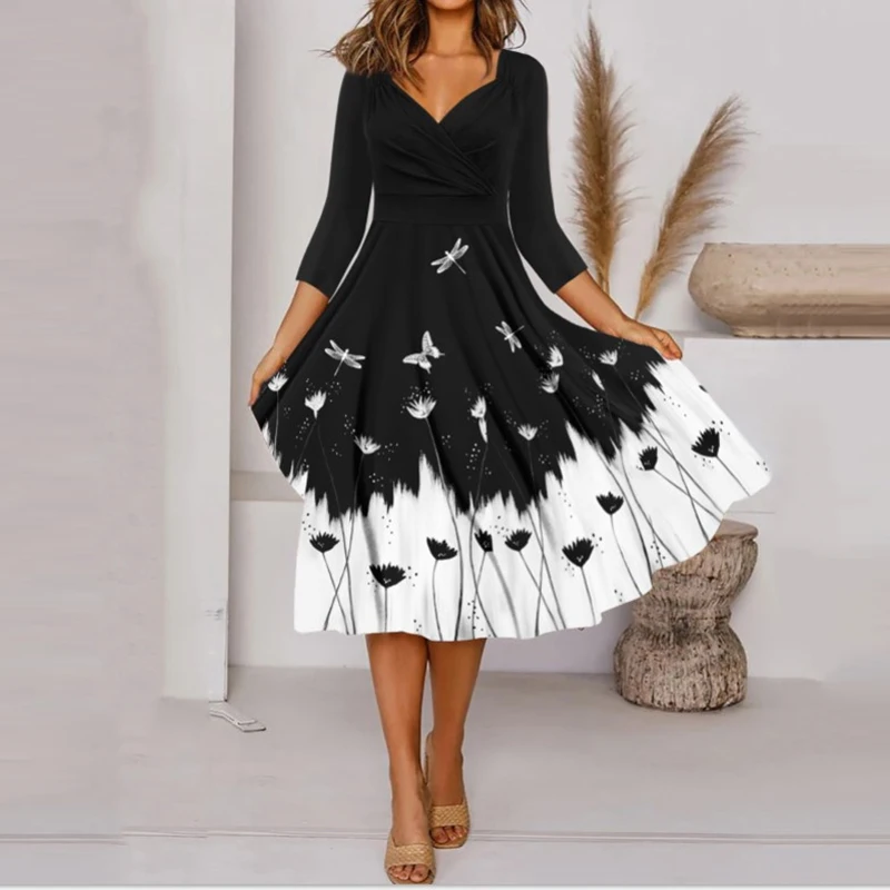 

Elegant Three Quarter Sleeve Women's Autumn Dress 2022 Spring Retro Printed Ladies Party Dress Casual Femme A Line Dress Vestido