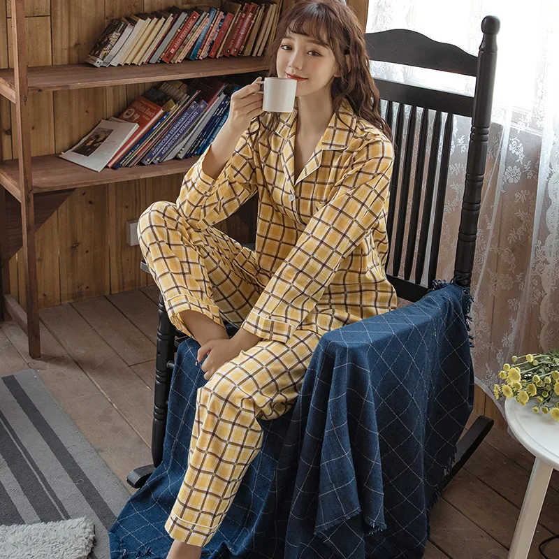 Autumn Winter New Pure Cotton Pajama Set Women's Long-sleeved Suit Plaid Stripes Print Pajamas