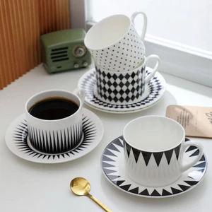 Bone China Coffee Cup and Saucer Set Nordic Black and White Geometric European Creative Simple  Afternoon Tea Couple Ceramic Cup