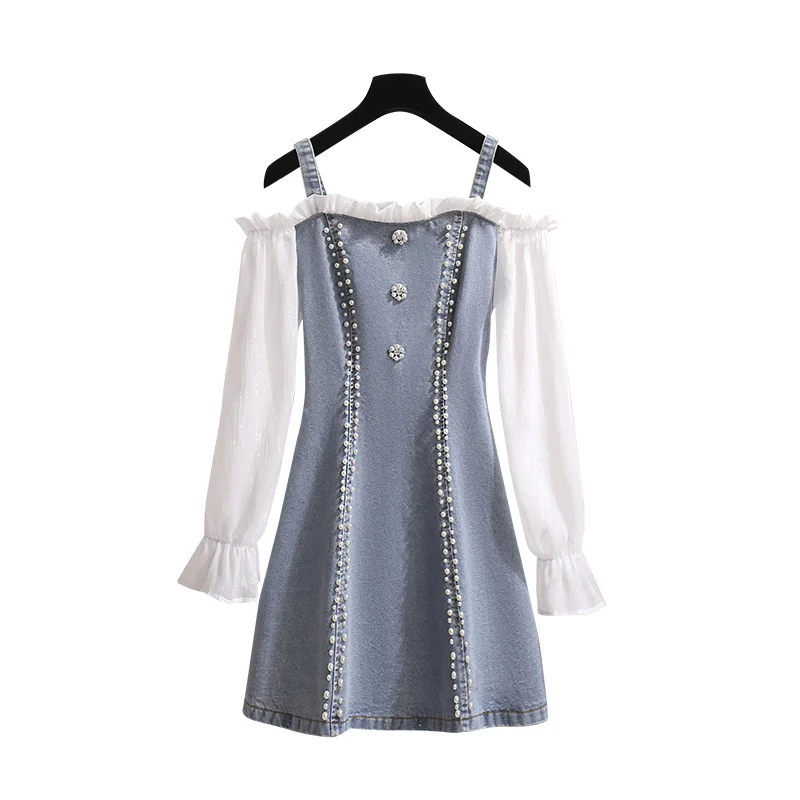 

Plus size women long sleeve denim dress 2021 Summer slash neck pearl beading A-line midi dresses sweet korean women vestidos