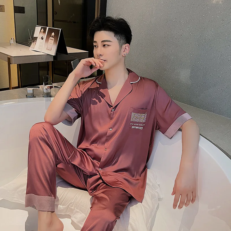 

Plus Size Pajamas Set Men Summer Nightwear Soft Silk Satin Short Sleeve Sleepwear Trouser Suits Loose Male Pijamas Home Clothes