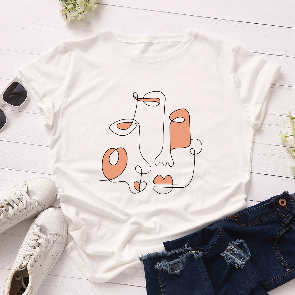 

Cartoon Portrait Print Shirt Women Short Sleeve Cotton T-Shirts Graphic Tees Summer Tee Tops for Female Casual Oversized Clothes