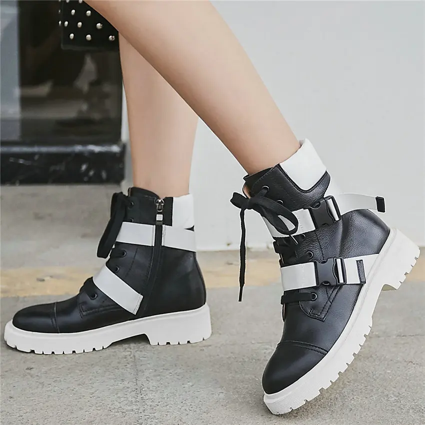 Женские высокие ботинки со шнуровкой в стиле панк из коровьей кожи на низком