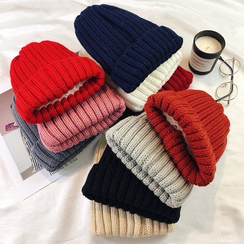Новинка 2019 года женские зимние шапки из хлопка и шерсти одноцветные вязаные
