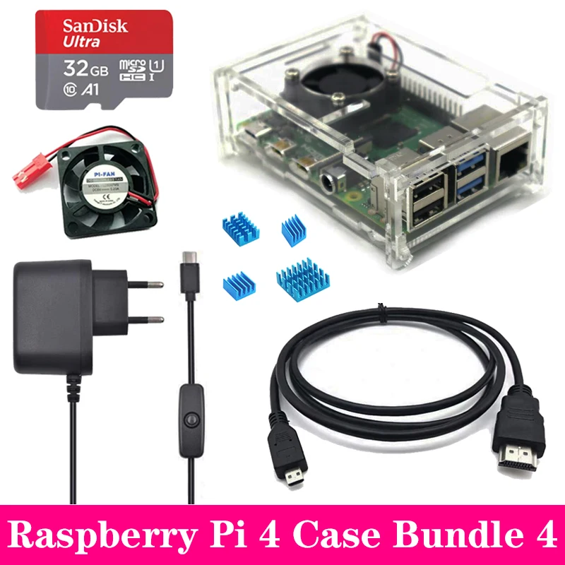 Bundle 4 Для Raspberry Pi 4 Чехол прозрачный акриловый чехол с крутым вентилятором алюминиевый радиатор для Raspberry Pi 4 Модель B Pi 4B Pi4 - Цвет: Bundle 4