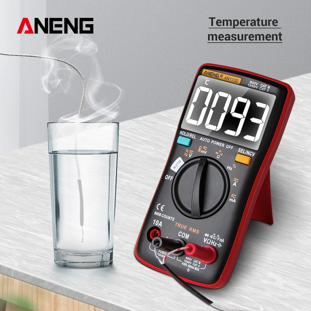 AN113D Digital Multimeter 6000 Counts Electrical Transistor Tester Temperature Auto Ranging AC/DC Voltage Meter for Electrician