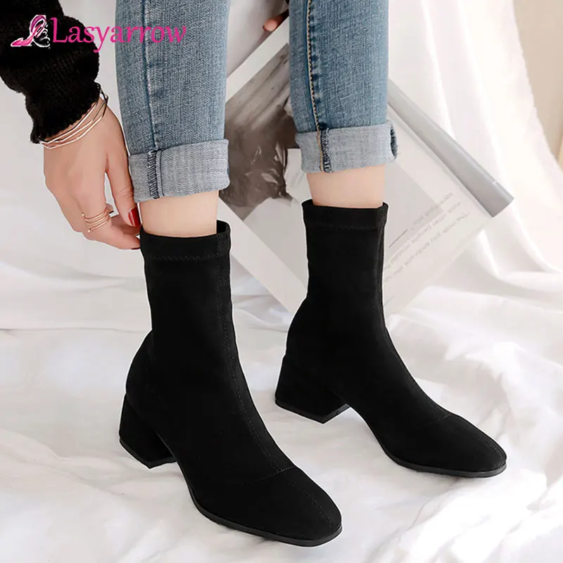 

Lasyarrow New Stretch socks boots Women Shoes Slip ankle boots spring winter elegant Square high heels shoes female Plus size