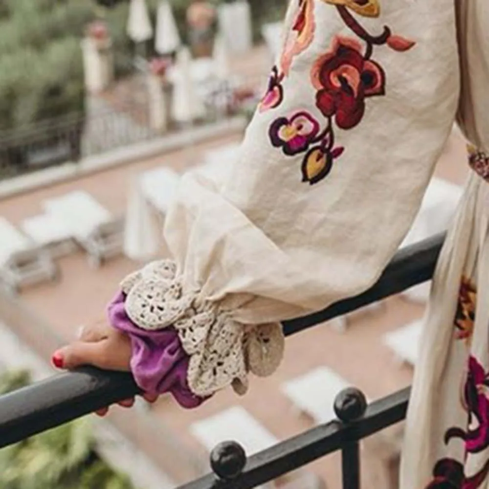 Female Deep V-Neck Lantern Sleeve Boho Maxi Dresses Women's Beach Sundress Floral Pullover Bohemia Vestidos Autumn Fall |