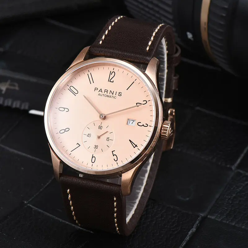 Men s Watch 42mm PARNIS Arabic Numeral Pink Dial Rose Gold Case Date Window ST1731 Automatic Men s Watch