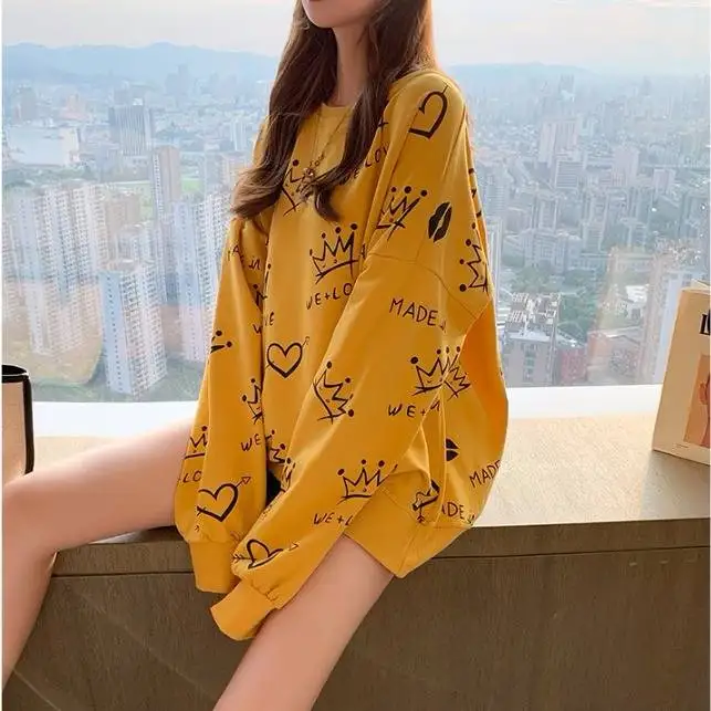 

Cute Crown Print Hoodie Women Funny Korean Oversized Tops Female Casual Sweatshirt O-neck Autumn Long Sleeve Hoodie Streetwear