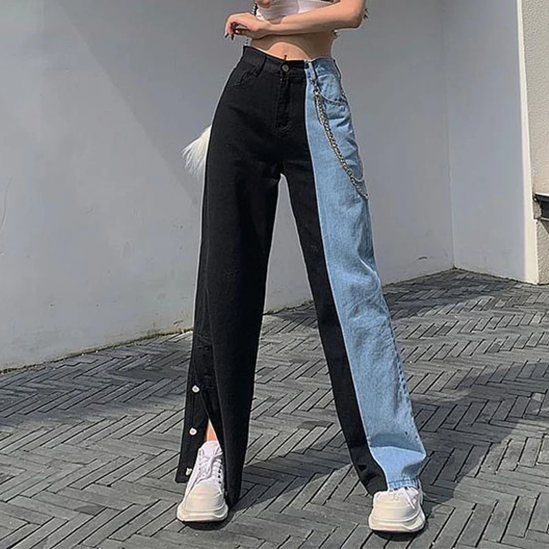 2022 pantaloni di jeans a gamba larga con spacco laterale coperto di moda pantaloni larghi da donna Casual allentati Streetwear Color Block Patchwork Vogue